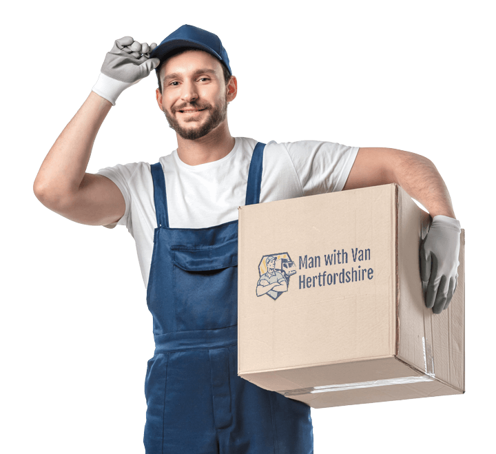 Man holding Hertfordshire moving box